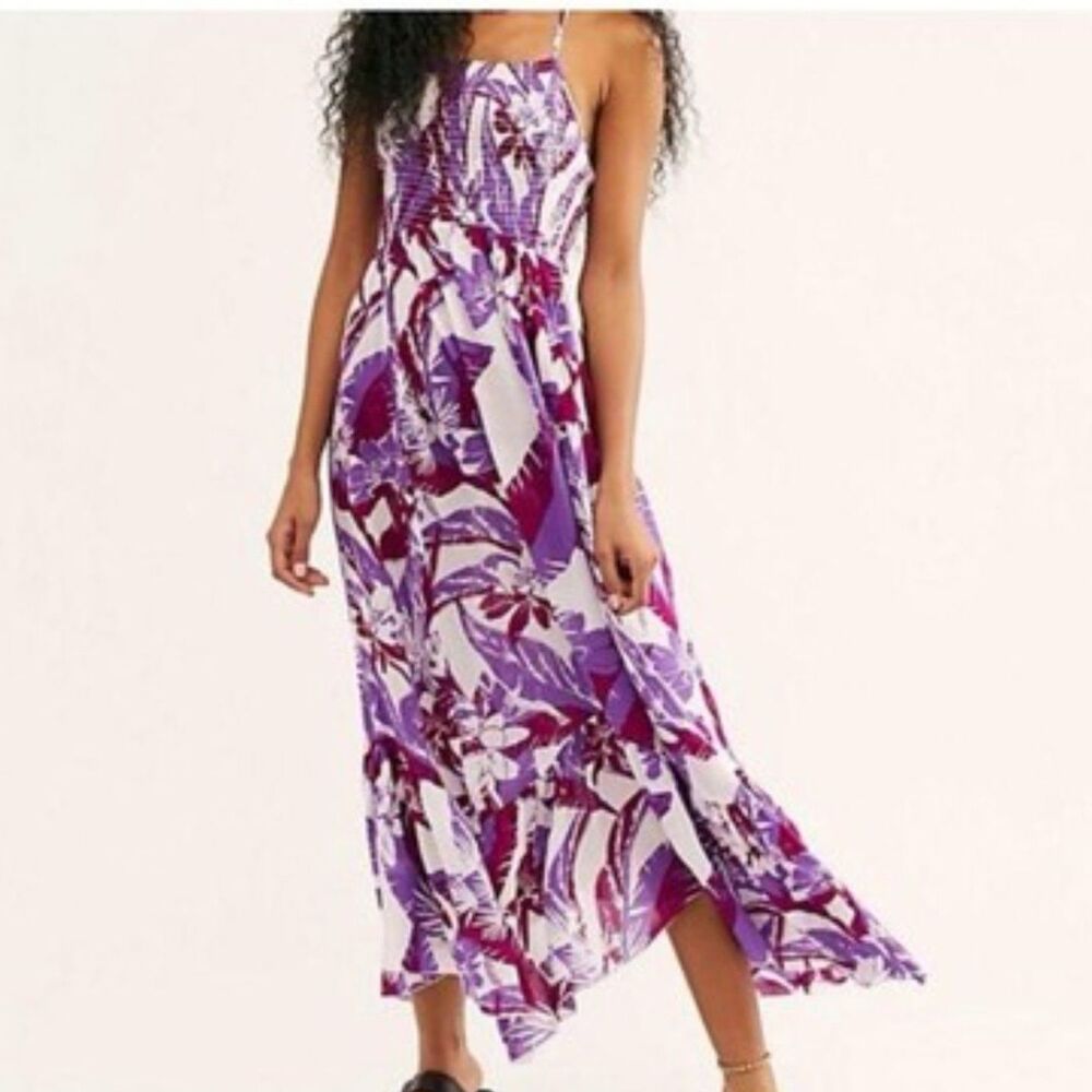 Free People Heat Wave Printed Maxi Dress Purple White Floral Smocked. Sz XS